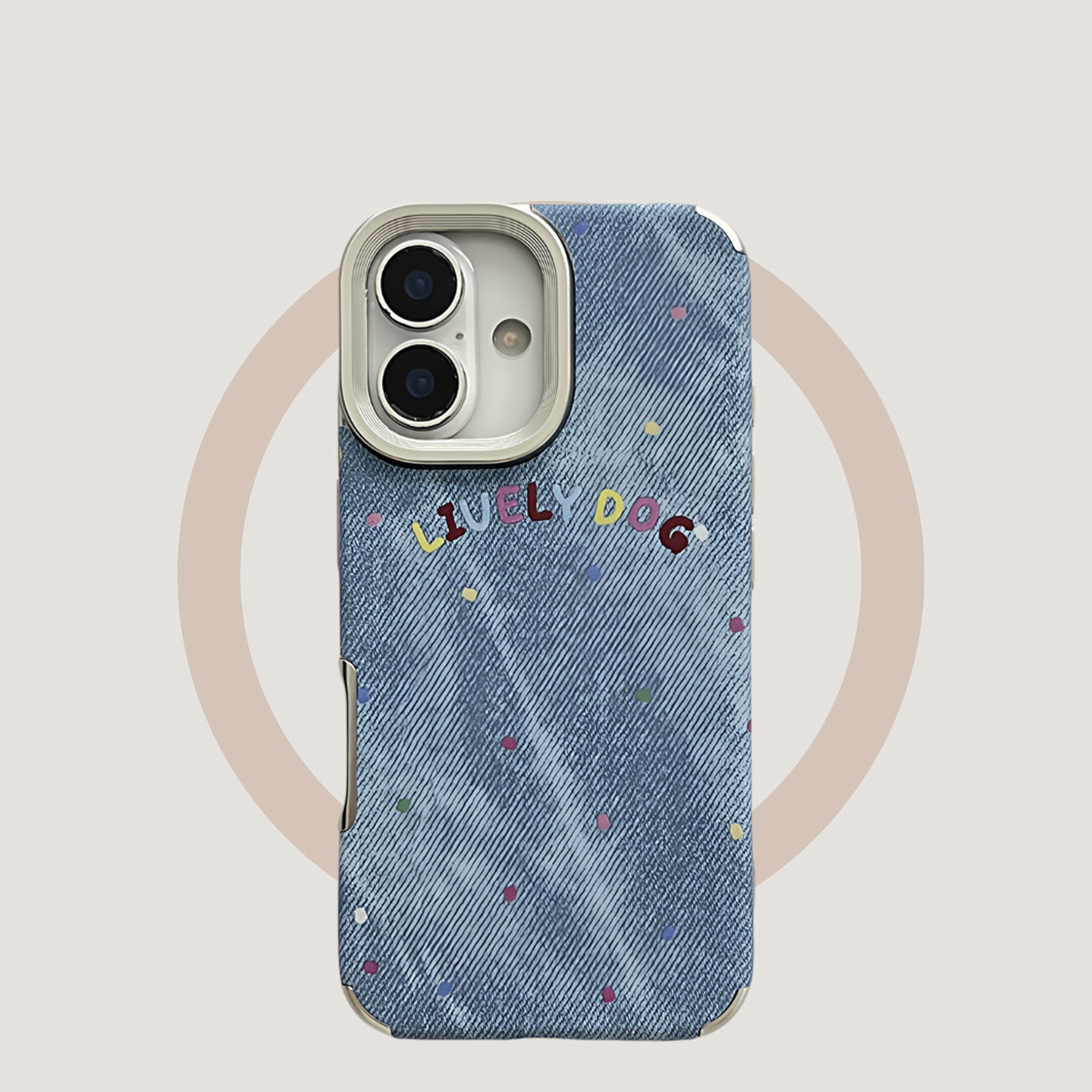 Denim pattern, light blue background, colorful polka dots, suitable for iPhone 17/16/15/14/13 cases