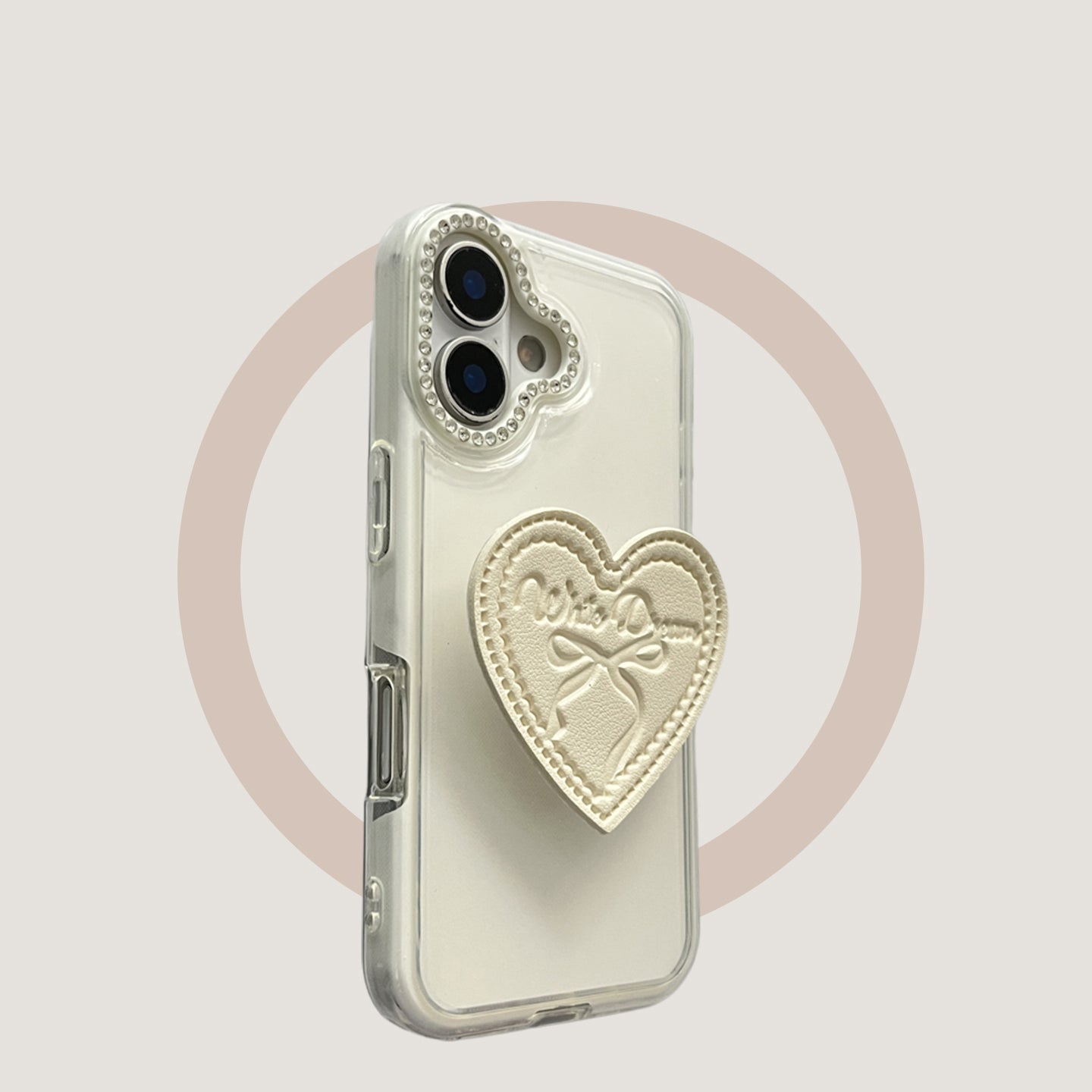 2-in-1 white bow heart stand, compatible with iPhone 17/16/15/14/13 cases