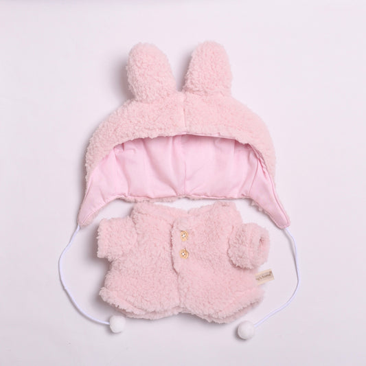 38CM doll clothes pink plush rabbit ear hat onesie
