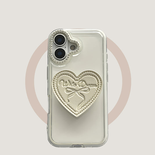 2-in-1 white bow heart stand, compatible with iPhone 17/16/15/14/13 cases