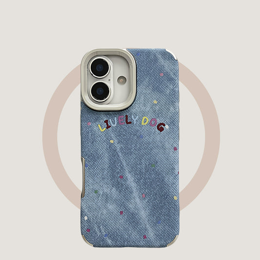 Denim pattern, light blue background, colorful polka dots, suitable for iPhone 17/16/15/14/13 cases