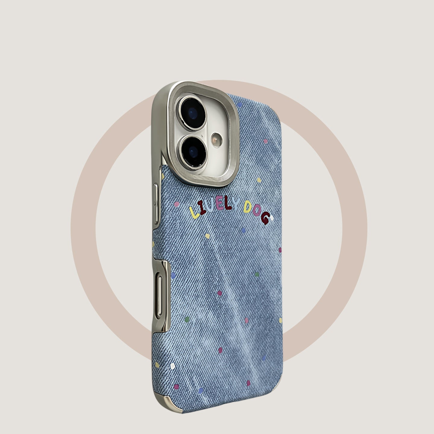 Denim pattern, light blue background, colorful polka dots, suitable for iPhone 17/16/15/14/13 cases