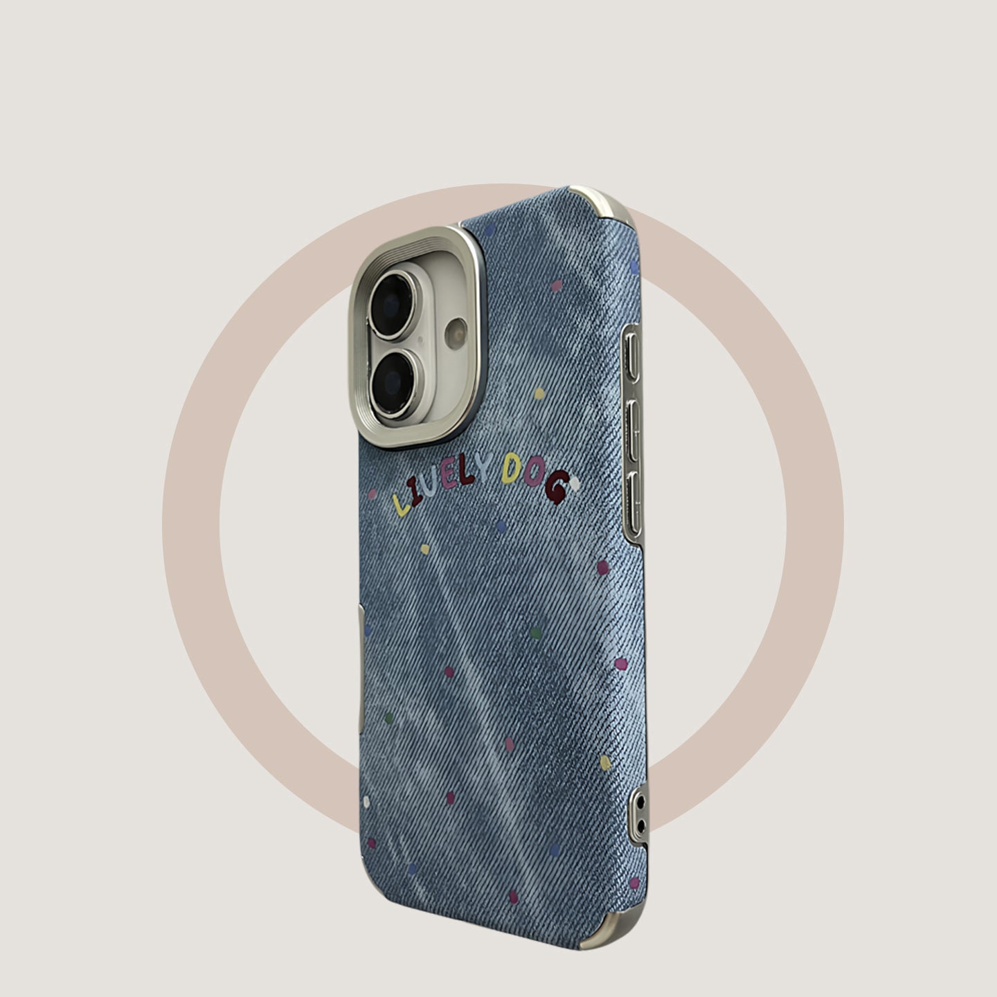 Denim pattern, light blue background, colorful polka dots, suitable for iPhone 17/16/15/14/13 cases